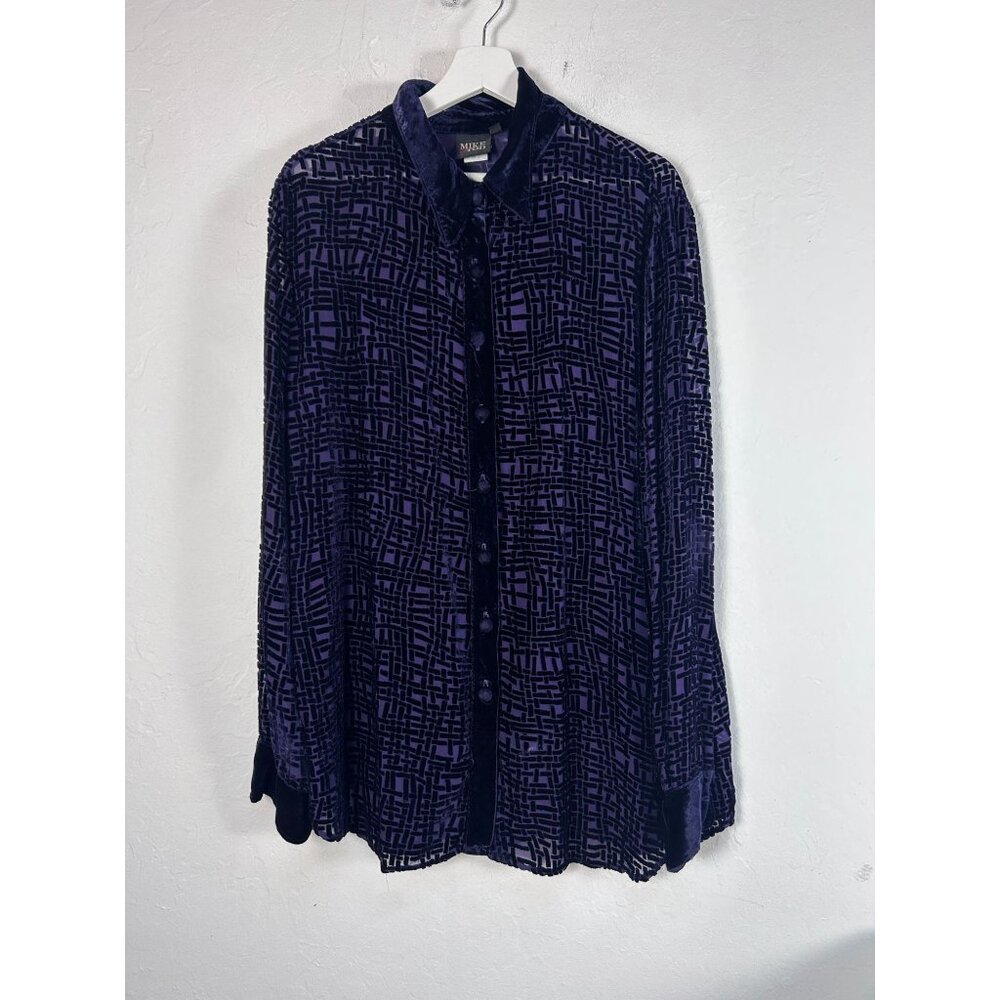 Vintage Mike & Tod Womens Purple Velvet Button-Up Shirt Blouse Large Geometr